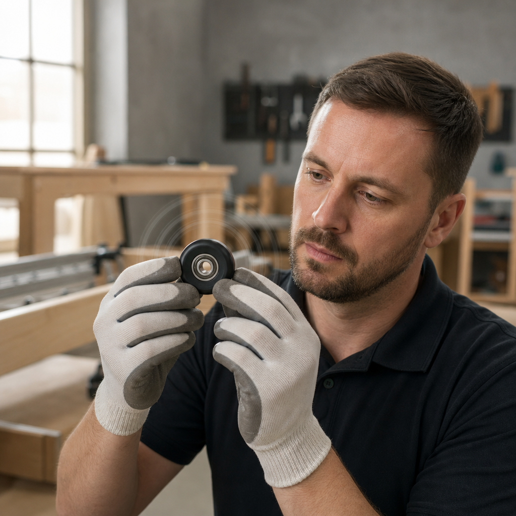 VIMORA technician inspecting C&U bearing for quiet Pilates reformer movement