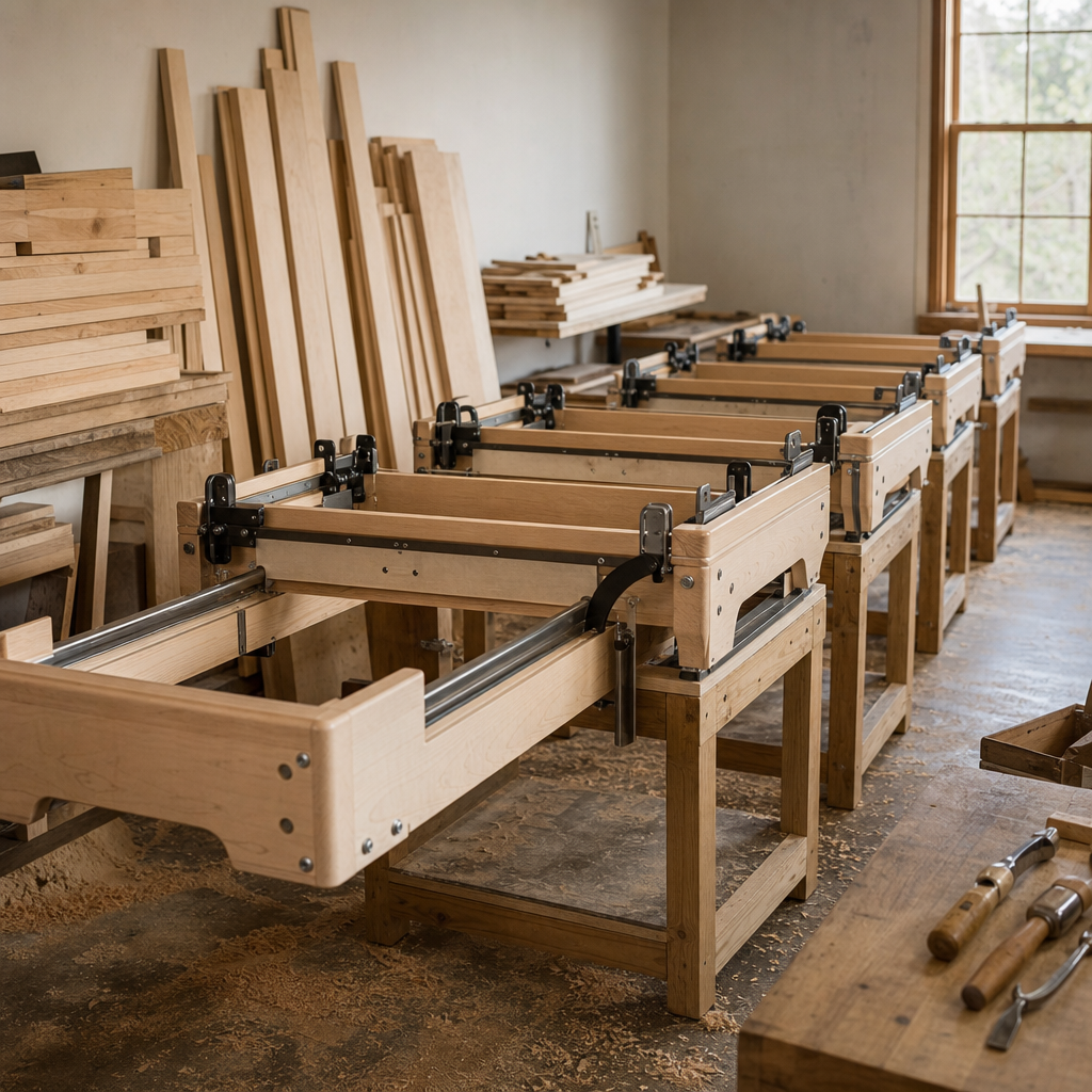 Rows of VIMORA Pilates reformer frames prepared for quality-controlled production