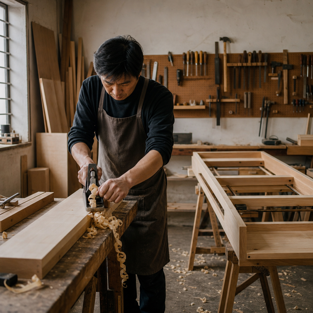 VIMORA craftsman hand-finishing a Pilates reformer wood frame in the early workshop