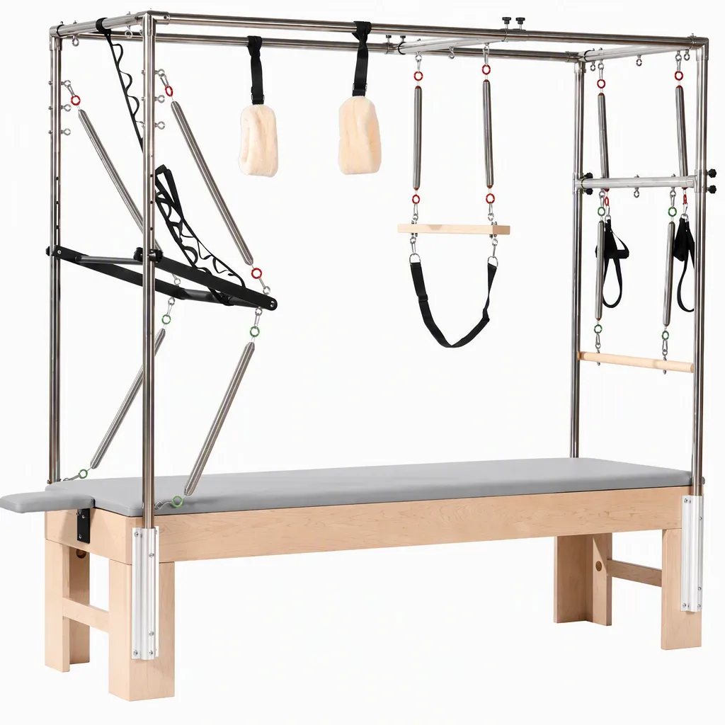 vimora cadillac maple split frame 04.webp Vimora maple wood split-frame Cadillac Pilates reformer, for professional studio use