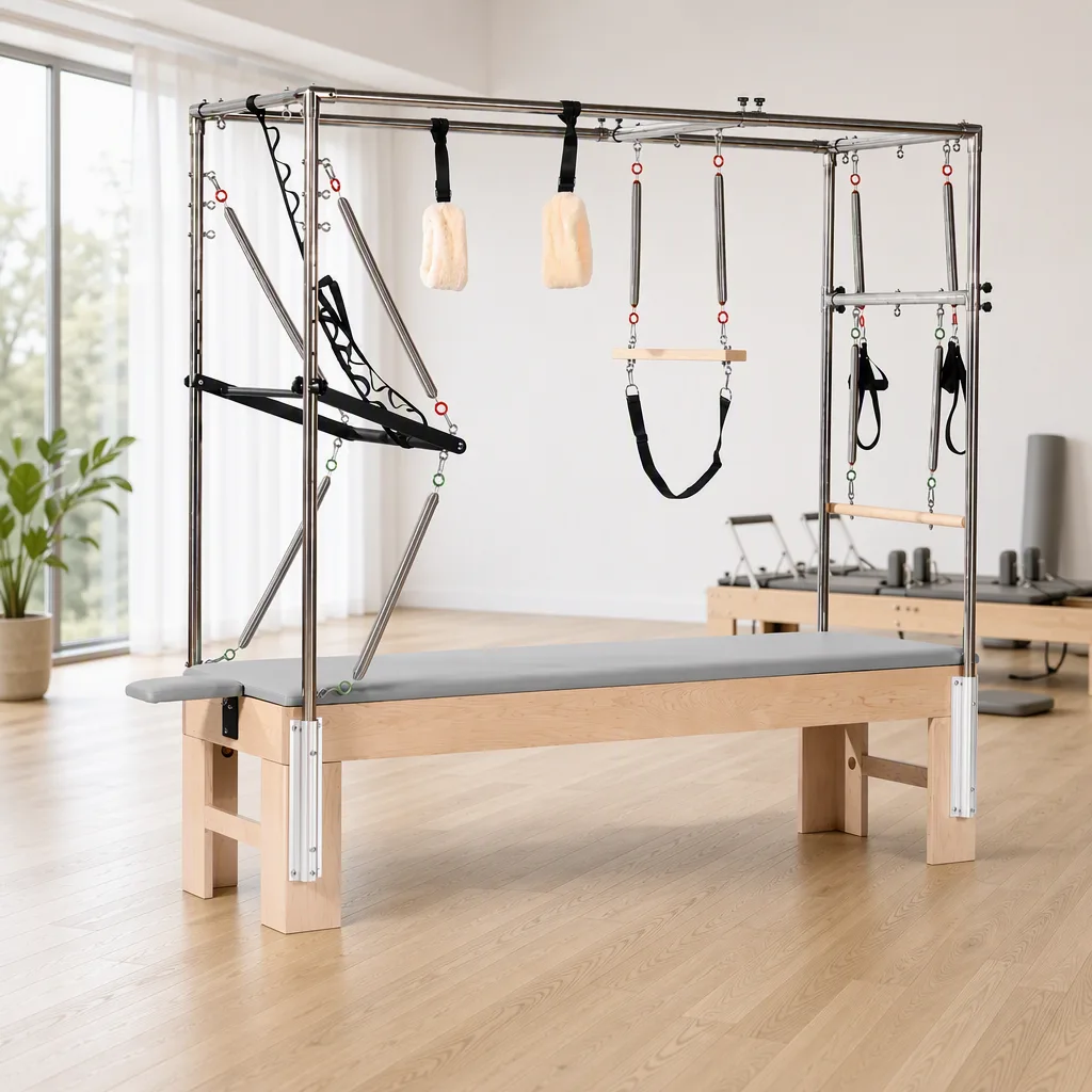 vimora cadillac maple split frame 05.webp Vimora maple wood split-frame Cadillac Pilates reformer, for professional studio use