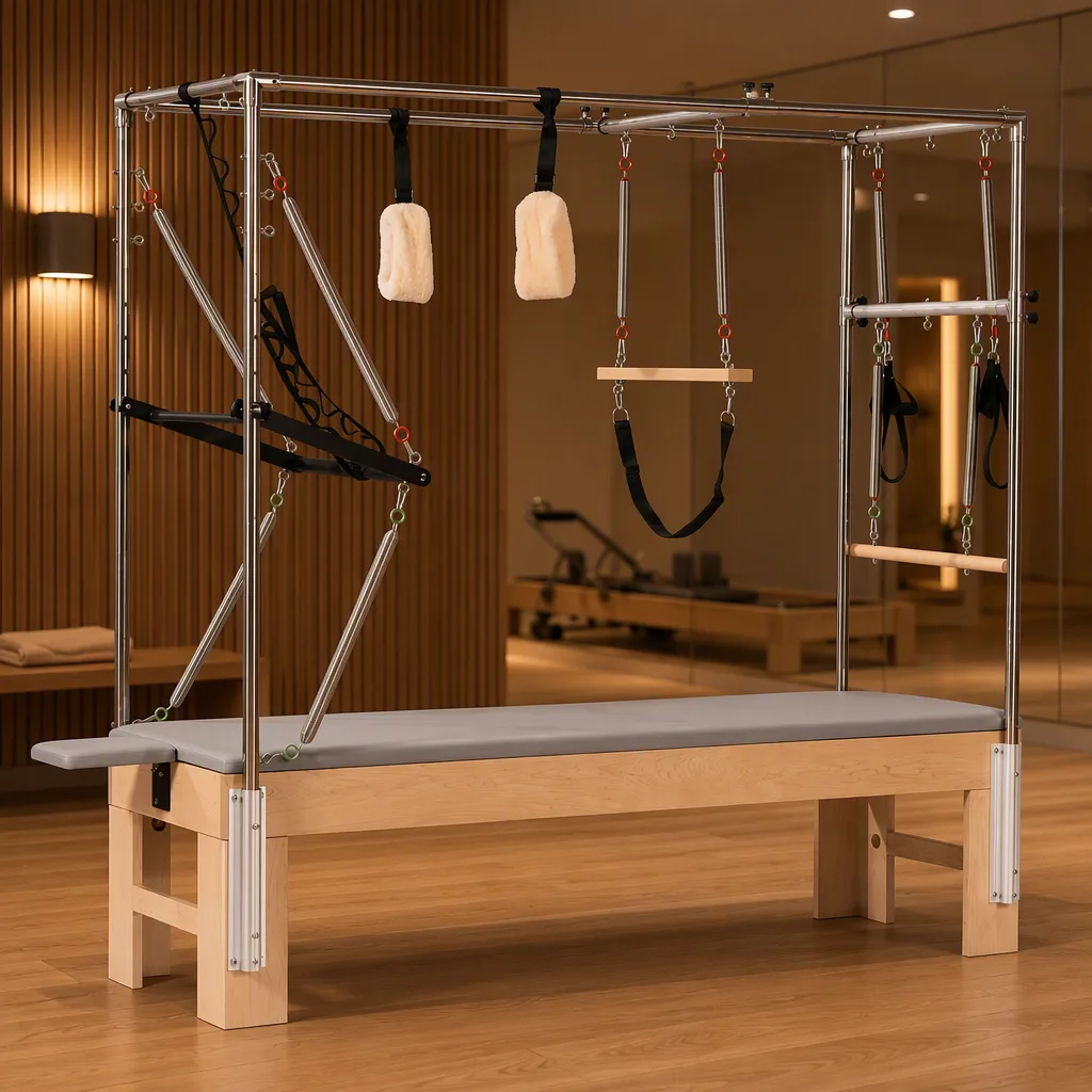 vimora cadillac maple split frame 06.webp Vimora maple wood split-frame Cadillac Pilates reformer, for professional studio use