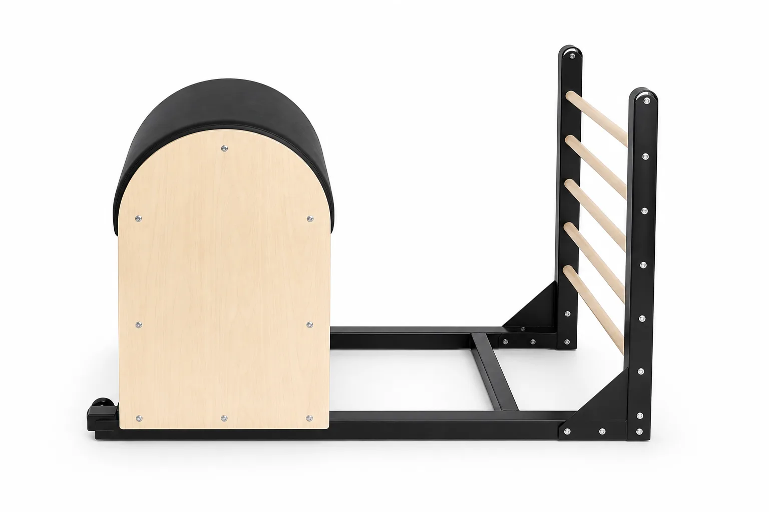 vimora ladder barrel maple steel frame 02.webp Vimora maple wood Pilates ladder barrel with steel frame, for professional studio use