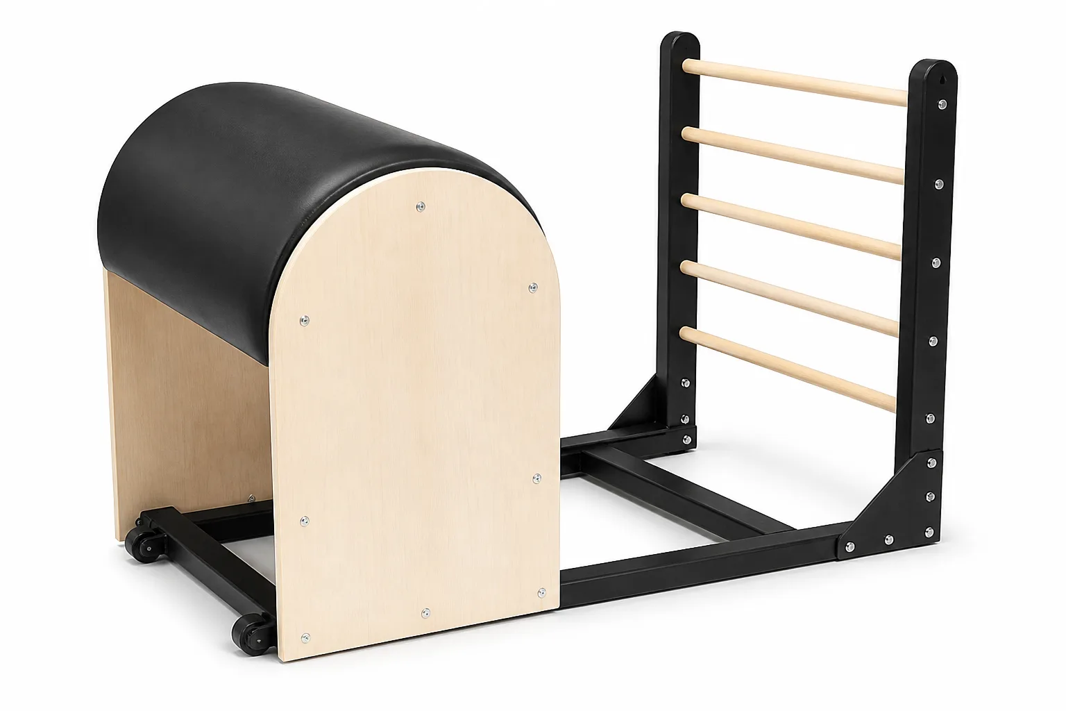 vimora ladder barrel maple steel frame 03.webp Vimora maple wood Pilates ladder barrel with steel frame, for professional studio use