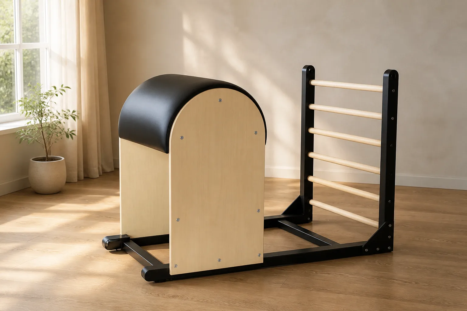 vimora ladder barrel maple steel frame 04.webp Vimora maple wood Pilates ladder barrel with steel frame, for professional studio use