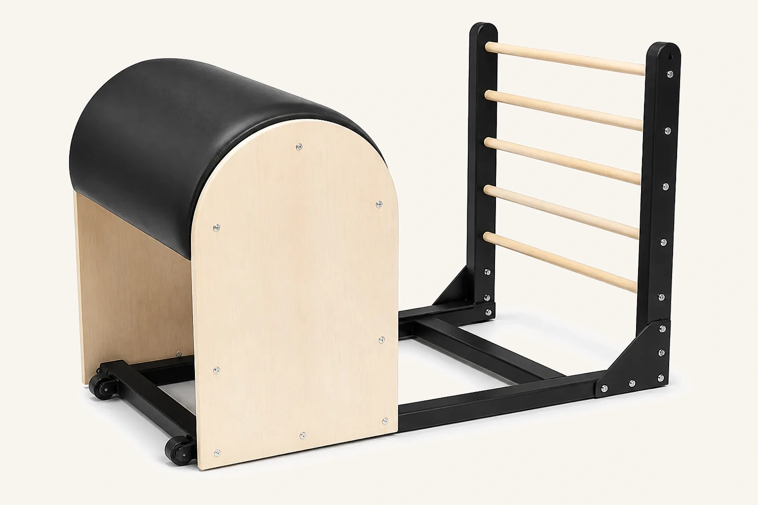 vimora ladder barrel maple steel frame.webp Vimora maple wood Pilates ladder barrel with steel frame, for professional studio use