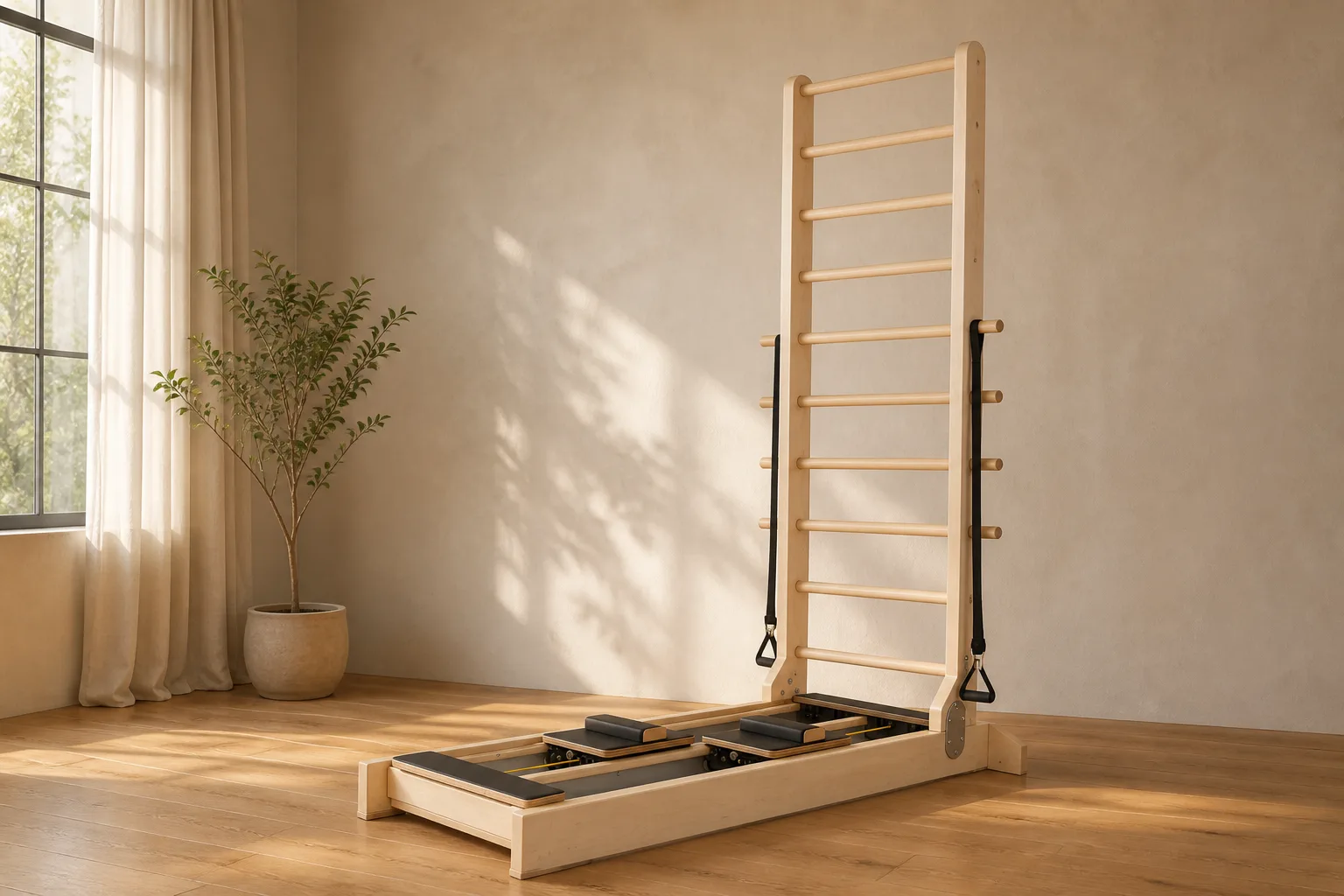 vimora ladder bed maple 05.webp Vimora maple wood bidirectional Pilates ladder bed, for professional studio use