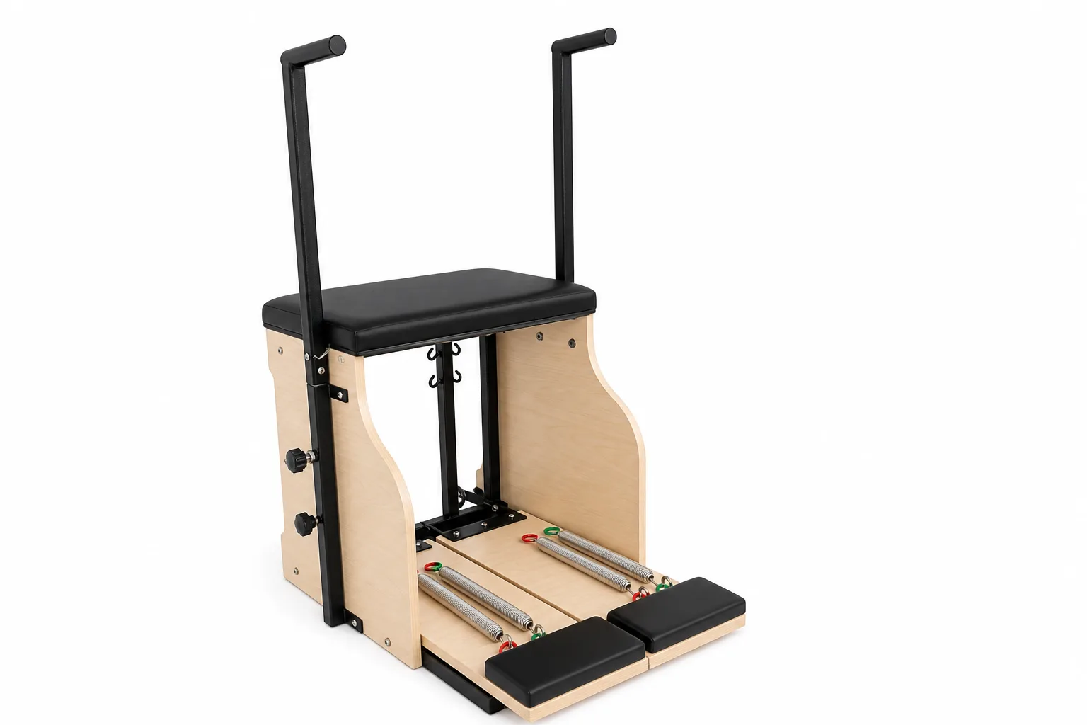 vimora pilates chair maple merrithew style 03.webp Vimora maple wood Merrithew-style Pilates chair, for professional studio use