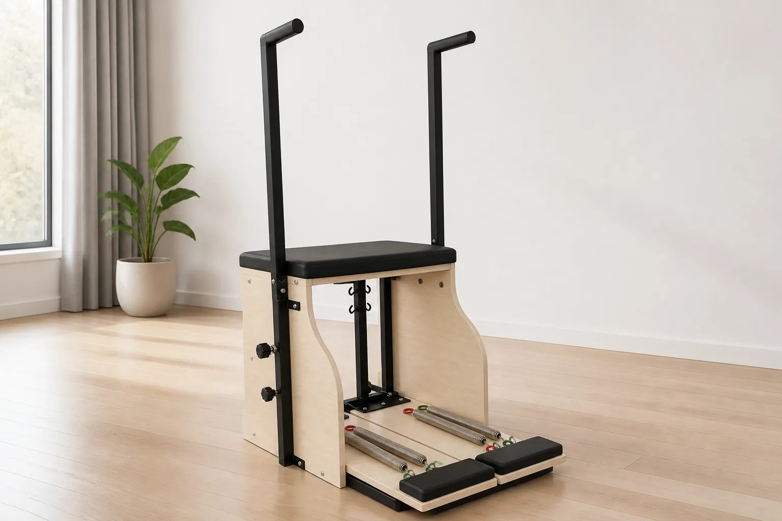vimora pilates chair maple merrithew style 04.webp Vimora maple wood Merrithew-style Pilates chair, for professional studio use
