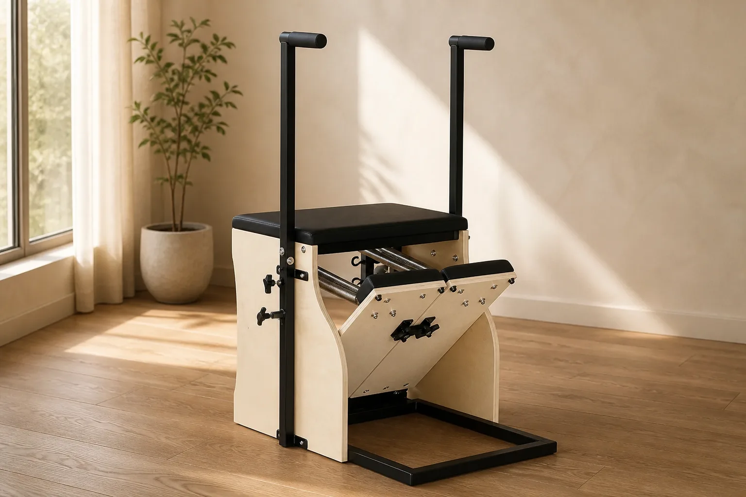 vimora pilates chair maple merrithew style 06.webp Vimora maple wood Merrithew-style Pilates chair, for professional studio use