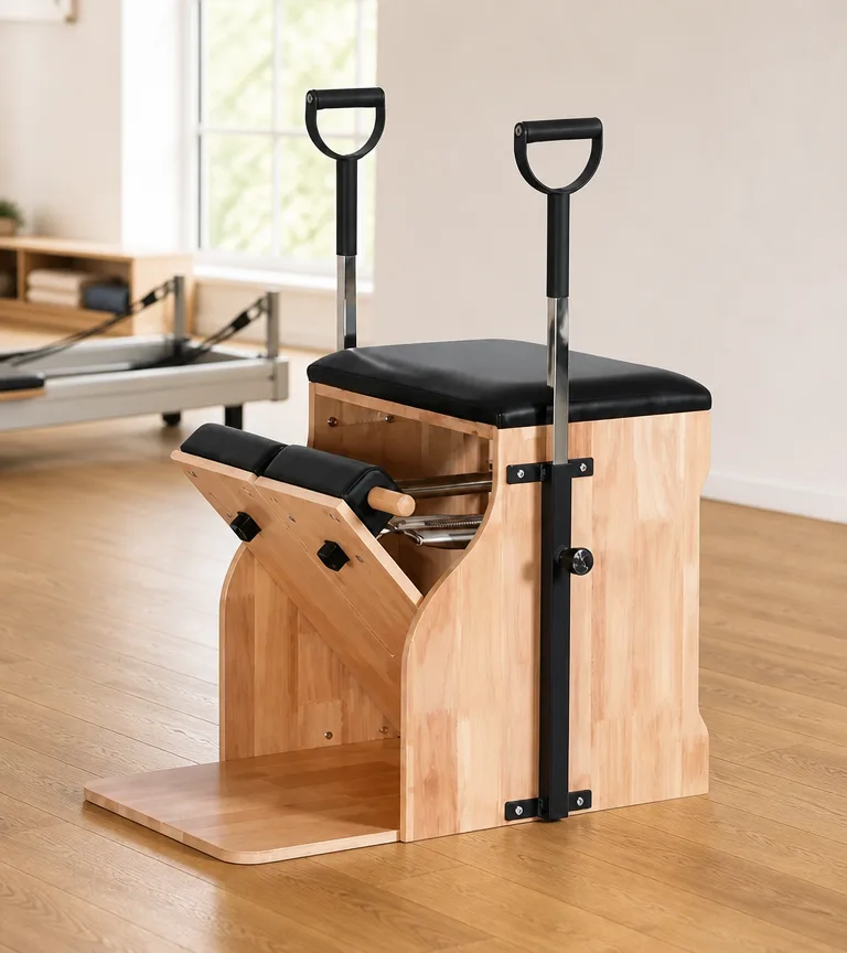 vimora pilates chair oak wunda 03.webp Vimora oak wood Wunda-style Pilates chair, for professional studio use