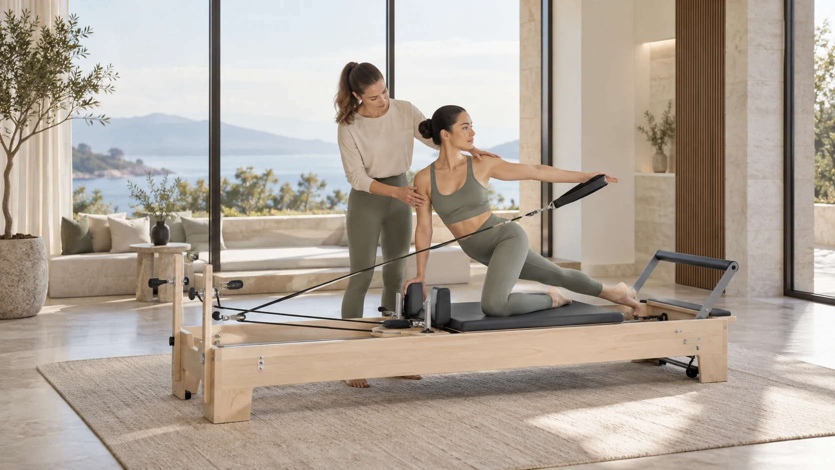 Instructor guiding a client on a VIMORA maple reformer in a wellness studio