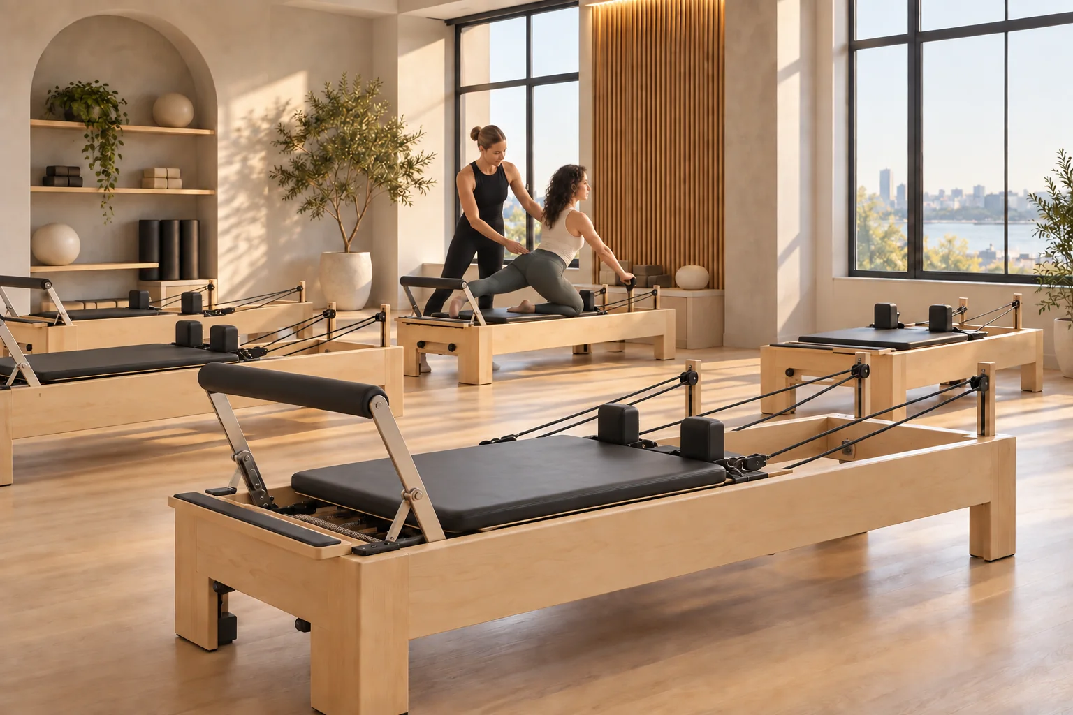 Commercial Pilates studio equipped with VIMORA maple reformers