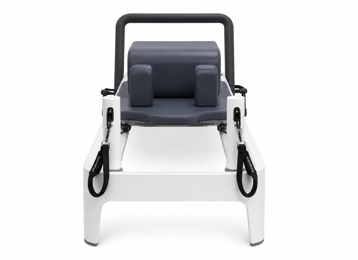 vimora reformer aluminum 1st gen full track white 03.webp Vimora aluminum-frame white full track Pilates reformer, for professional studio use