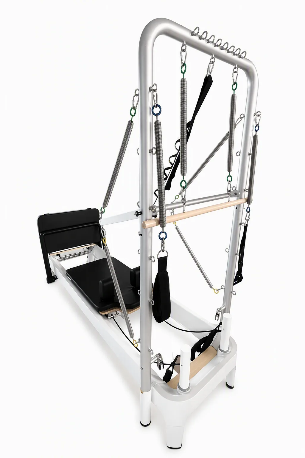 vimora reformer aluminum 1st gen white half tower 02.webp Vimora aluminum-frame white Pilates reformer with half tower, for professional studio use