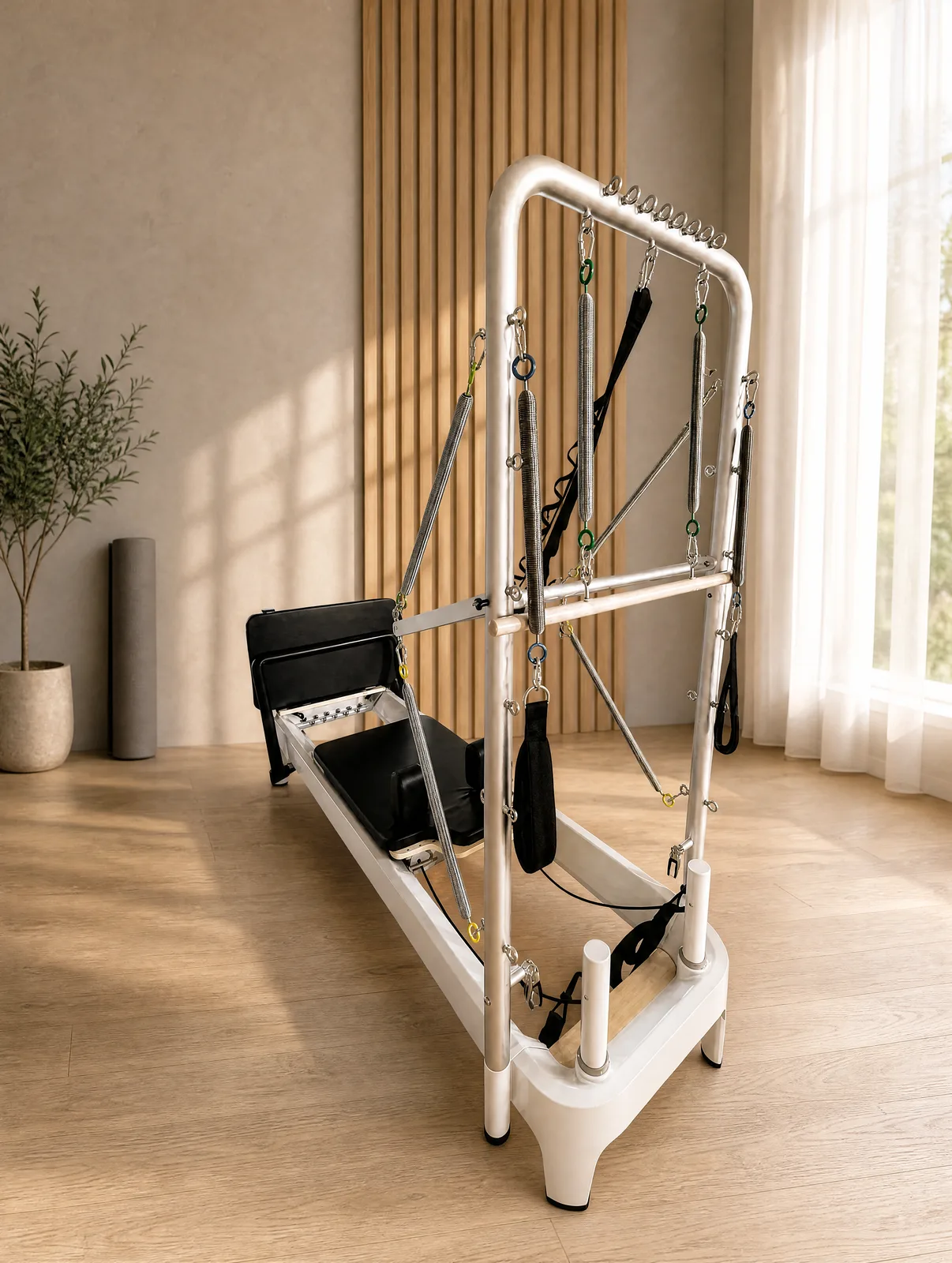 vimora reformer aluminum 1st gen white half tower 04.webp Vimora aluminum-frame white Pilates reformer with half tower, for professional studio use