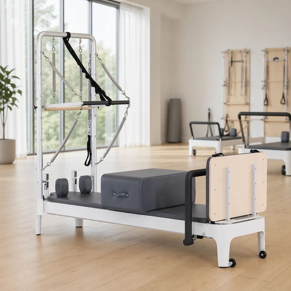 vimora reformer aluminum 1st gen white half tower 06.webp Vimora aluminum-frame white Pilates reformer with half tower, for professional studio use