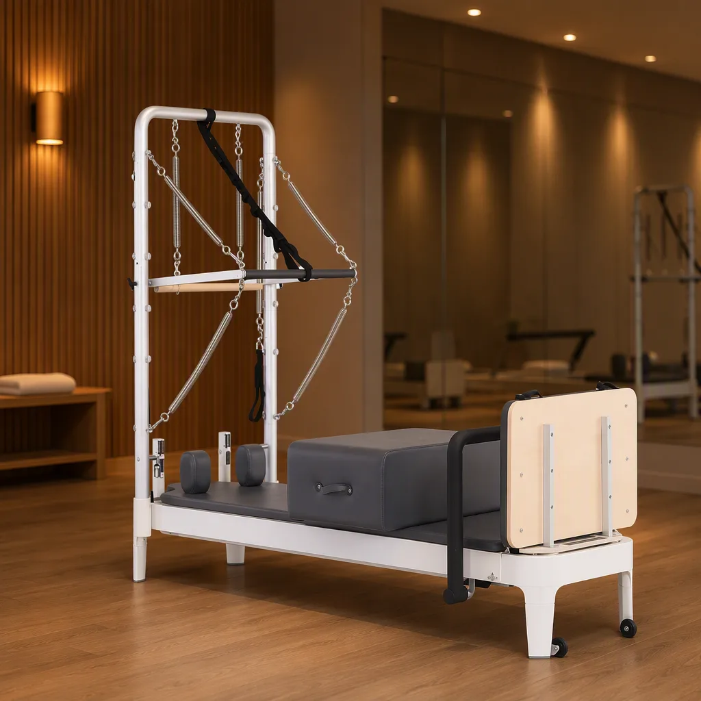vimora reformer aluminum 1st gen white half tower 07.webp Vimora aluminum-frame white Pilates reformer with half tower, for professional studio use