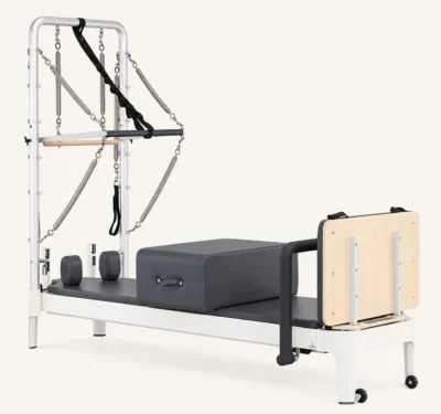 Vimora aluminum-frame white Pilates reformer with half tower, for professional studio use
