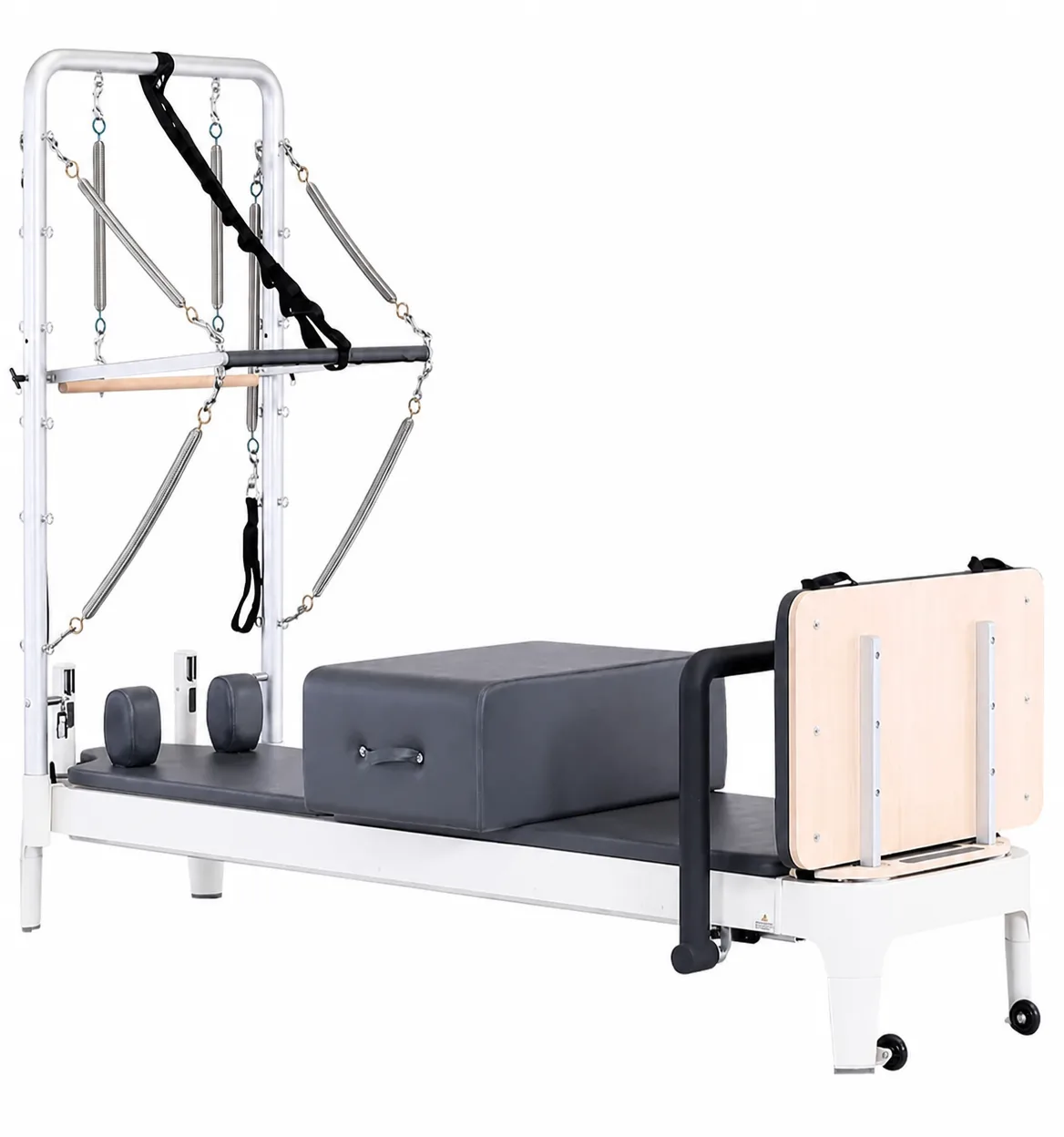 vimora reformer aluminum 2nd gen fixed track half tower 02.webp Vimora aluminum-frame fixed track Pilates reformer with half tower, for professional studio use
