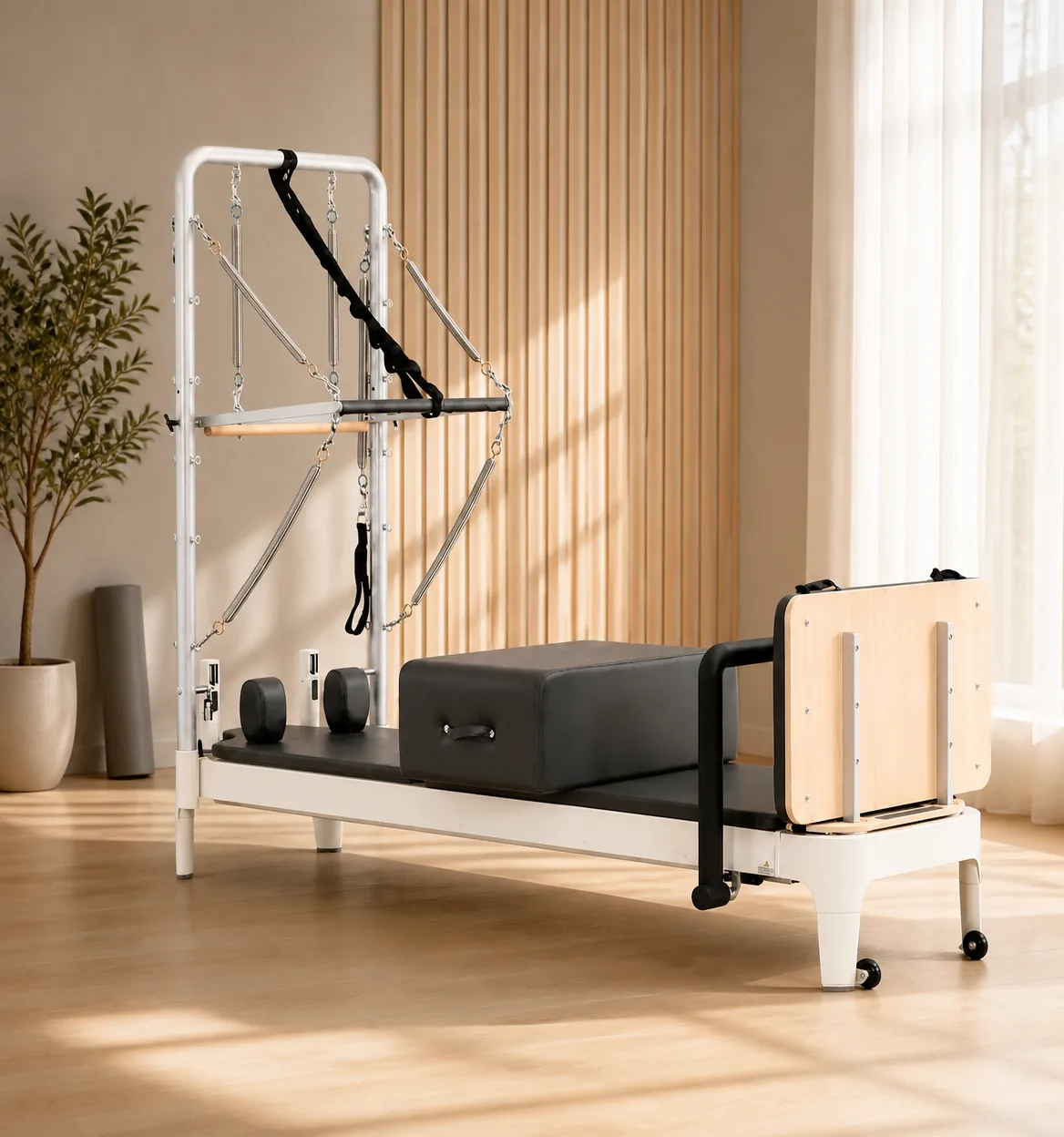 vimora reformer aluminum 2nd gen fixed track half tower 04.webp Vimora aluminum-frame fixed track Pilates reformer with half tower, for professional studio use