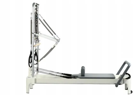 vimora reformer aluminum 2nd gen fixed track half tower 05.webp Vimora aluminum-frame fixed track Pilates reformer with half tower, for professional studio use