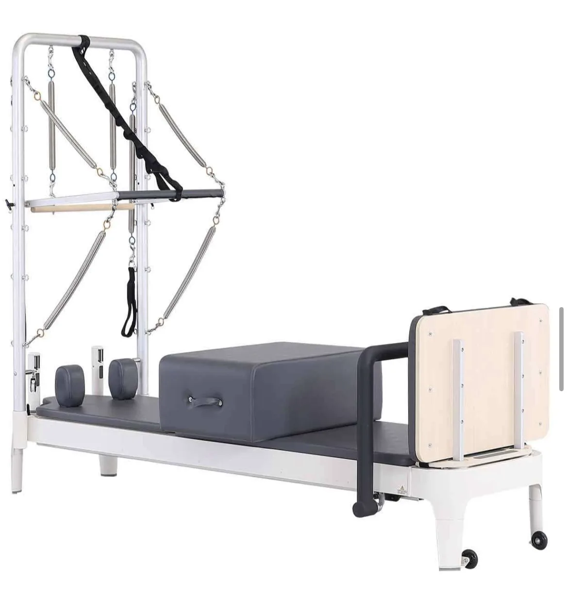 vimora reformer aluminum 2nd gen fixed track half tower 06.webp Vimora aluminum-frame fixed track Pilates reformer with half tower, for professional studio use