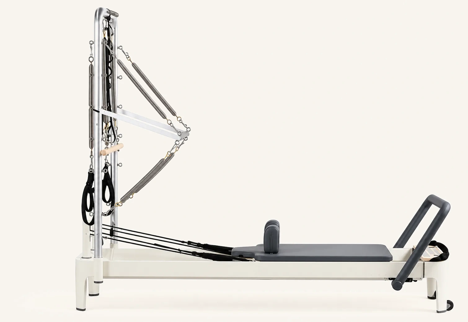 vimora reformer aluminum 2nd gen fixed track half tower.webp Vimora aluminum-frame fixed track Pilates reformer with half tower, for professional studio use