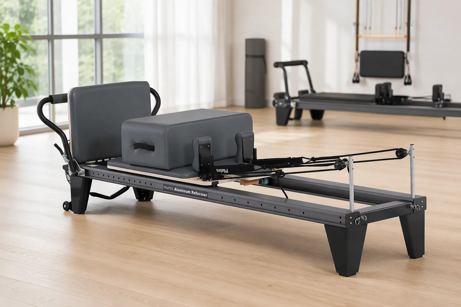 vimora reformer aluminum 2nd gen full track elite 02.webp Vimora aluminum-frame full track Pilates reformer, for professional studio use