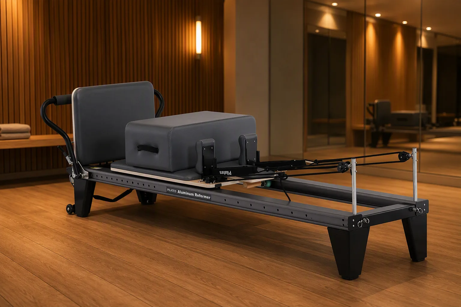 vimora reformer aluminum 2nd gen full track elite 03.webp Vimora aluminum-frame full track Pilates reformer, for professional studio use