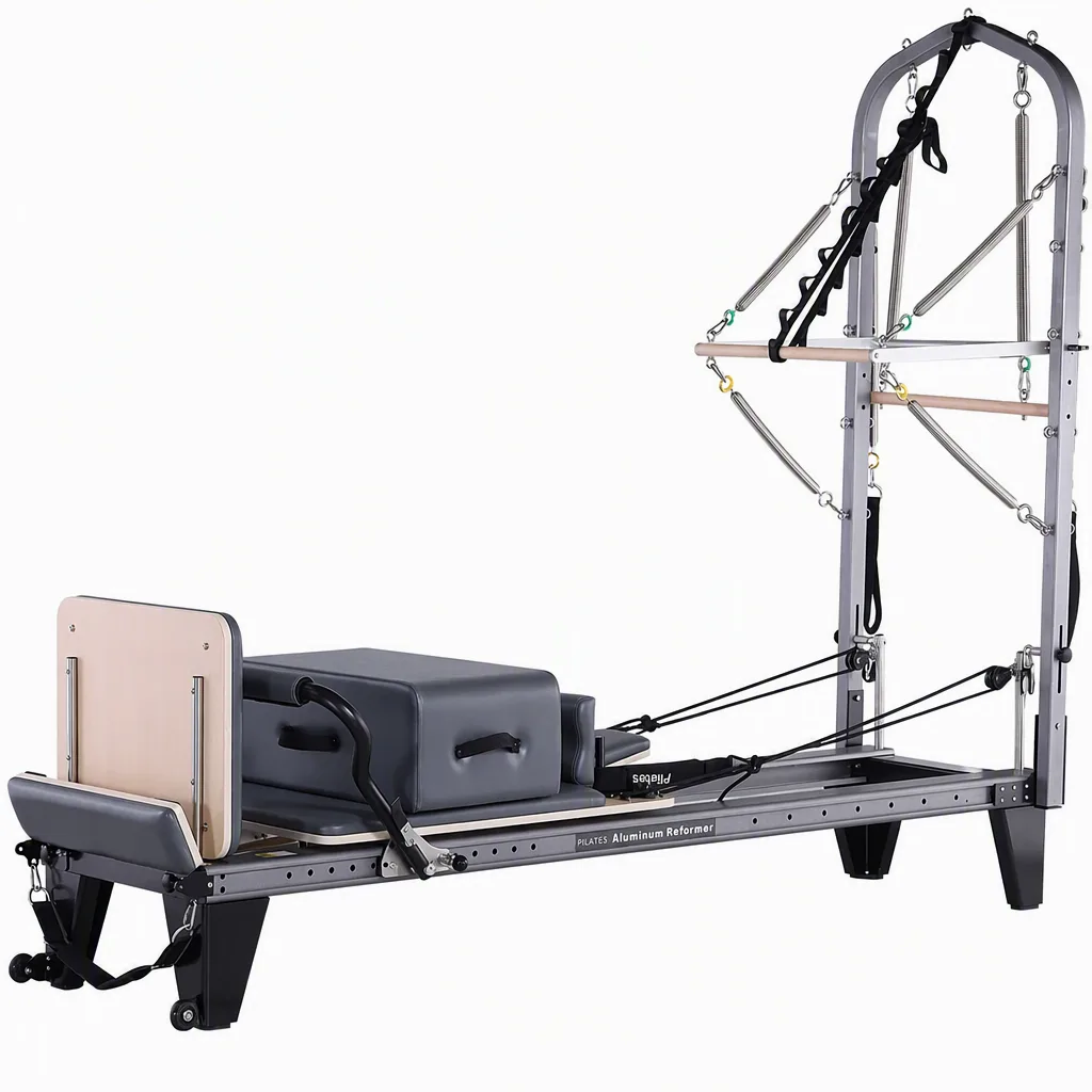 vimora reformer aluminum 2nd gen full track half tower elite 03.webp Vimora aluminum-frame full track Pilates reformer with half tower, for professional studio use