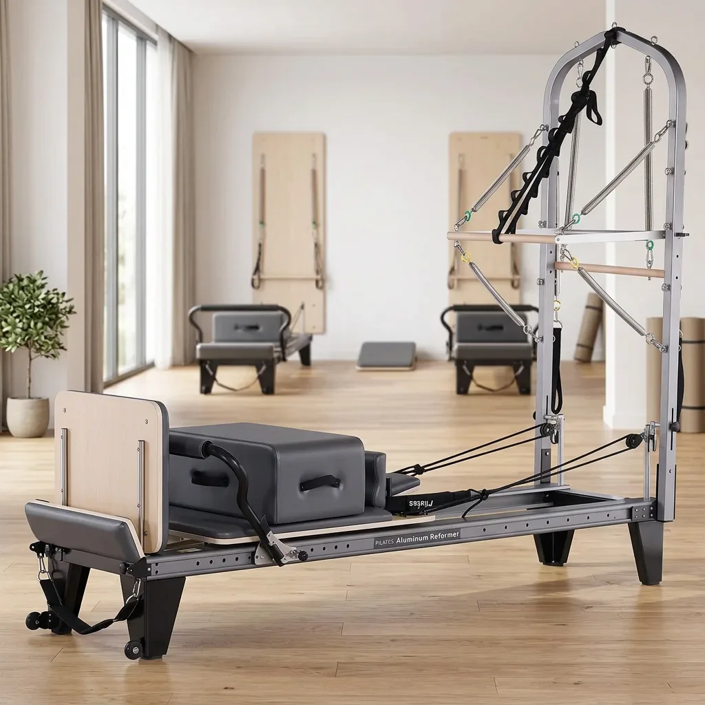 vimora reformer aluminum 2nd gen full track half tower elite 04.webp Vimora aluminum-frame full track Pilates reformer with half tower, for professional studio use