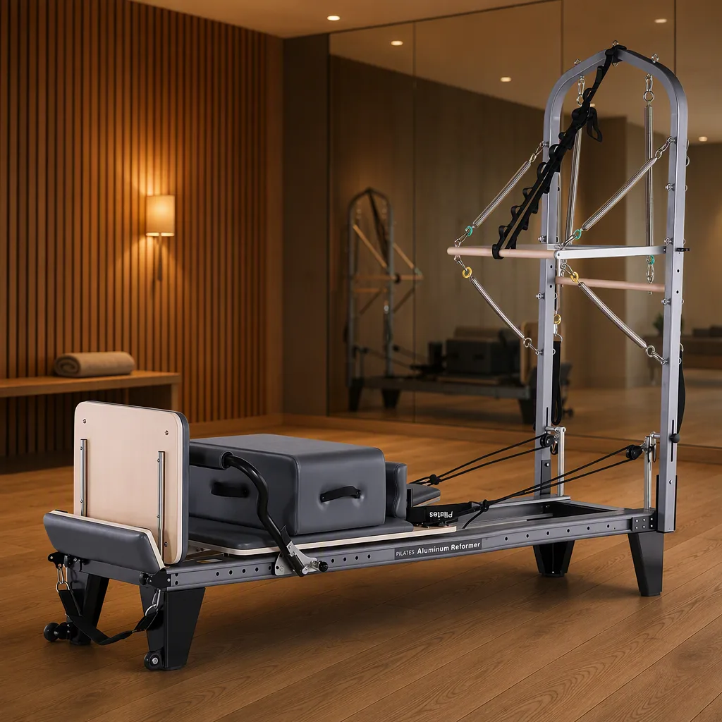 vimora reformer aluminum 2nd gen full track half tower elite 05.webp Vimora aluminum-frame full track Pilates reformer with half tower, for professional studio use