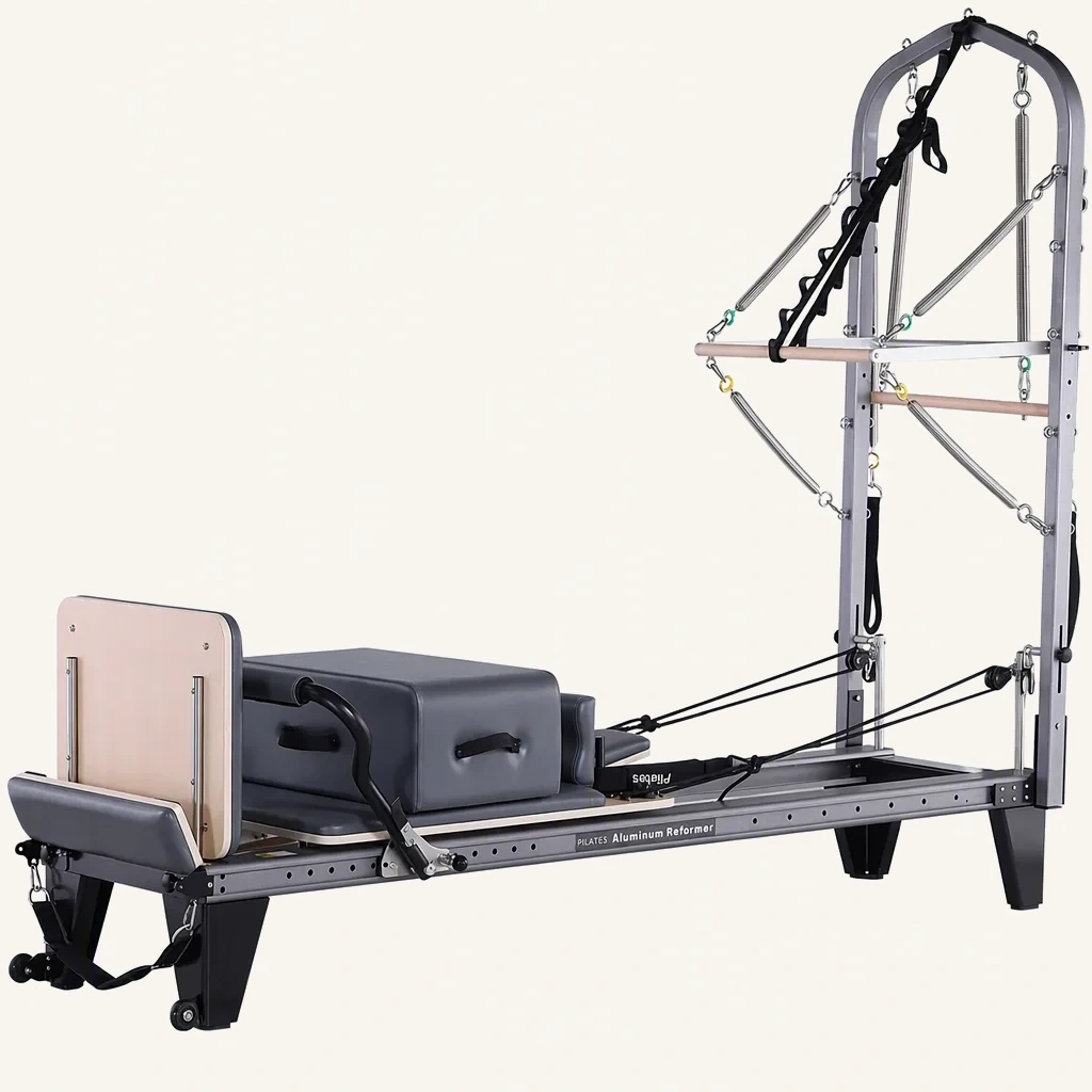 vimora reformer aluminum 2nd gen full track half tower elite.webp Vimora aluminum-frame full track Pilates reformer with half tower, for professional studio use