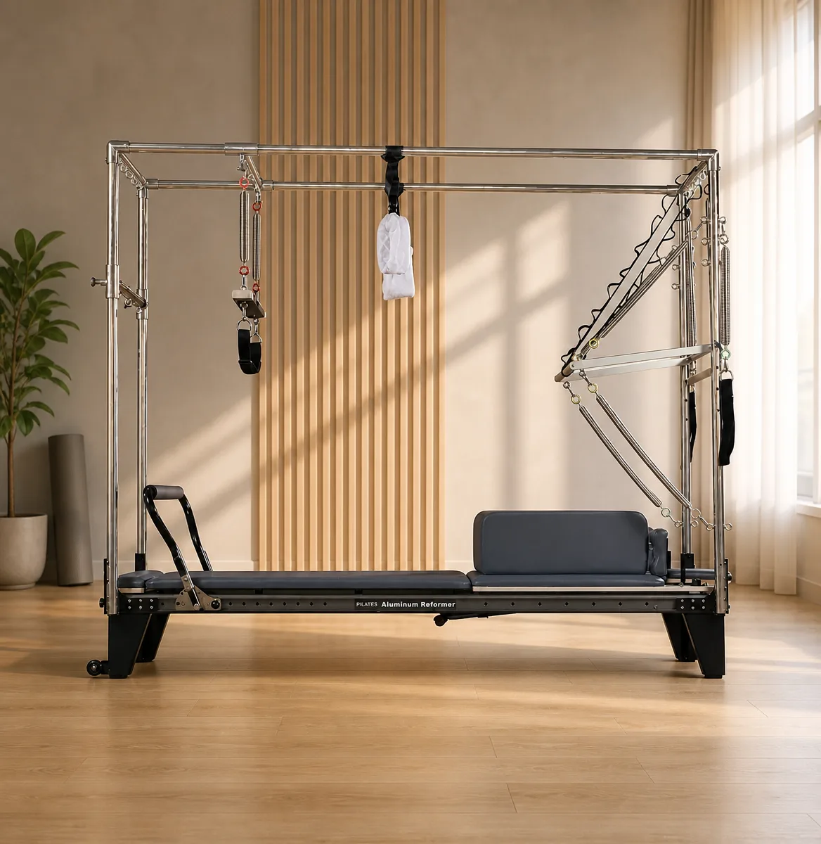 vimora reformer aluminum 3 in 1 2nd gen full track elite 03.webp Vimora aluminum-frame 3-in-1 full track Pilates reformer, for professional studio use