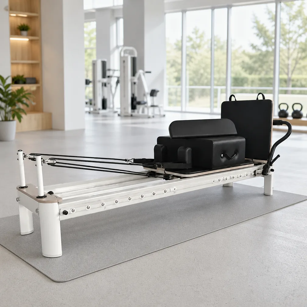 vimora reformer aluminum 4th gen full track white 04.webp Vimora aluminum-frame white full track Pilates reformer, for professional studio use