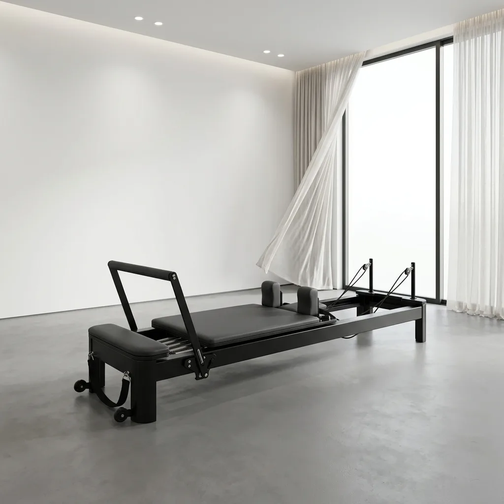 vimora reformer aluminum 4th gen white 04.webp Vimora aluminum-frame white Pilates reformer, for professional studio use