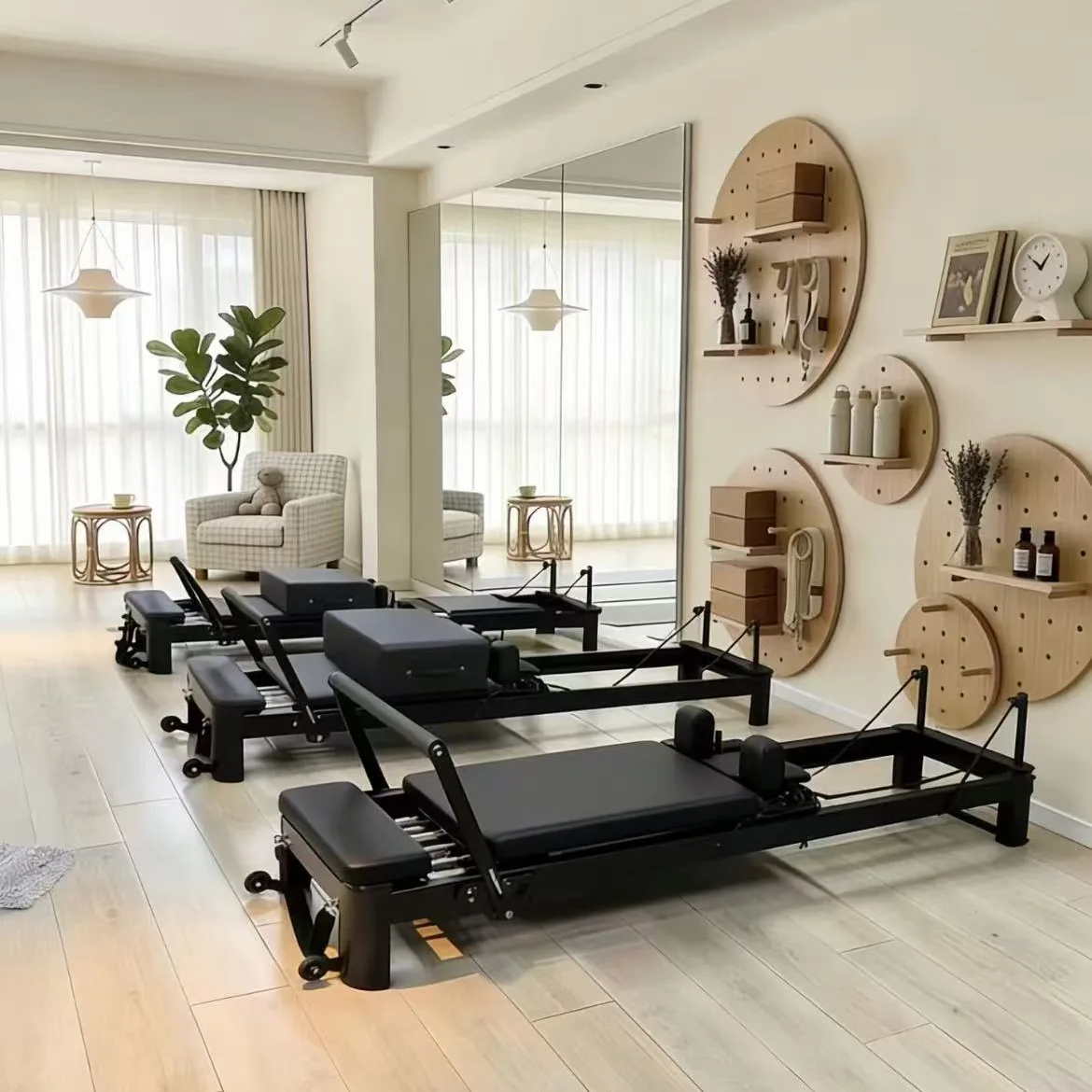 vimora reformer aluminum 4th gen white 05.webp Vimora aluminum-frame white Pilates reformer, for professional studio use