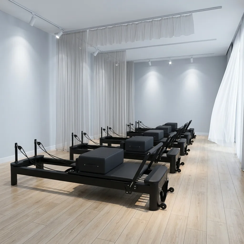vimora reformer aluminum 4th gen white 15.webp Vimora aluminum-frame white Pilates reformer, for professional studio use