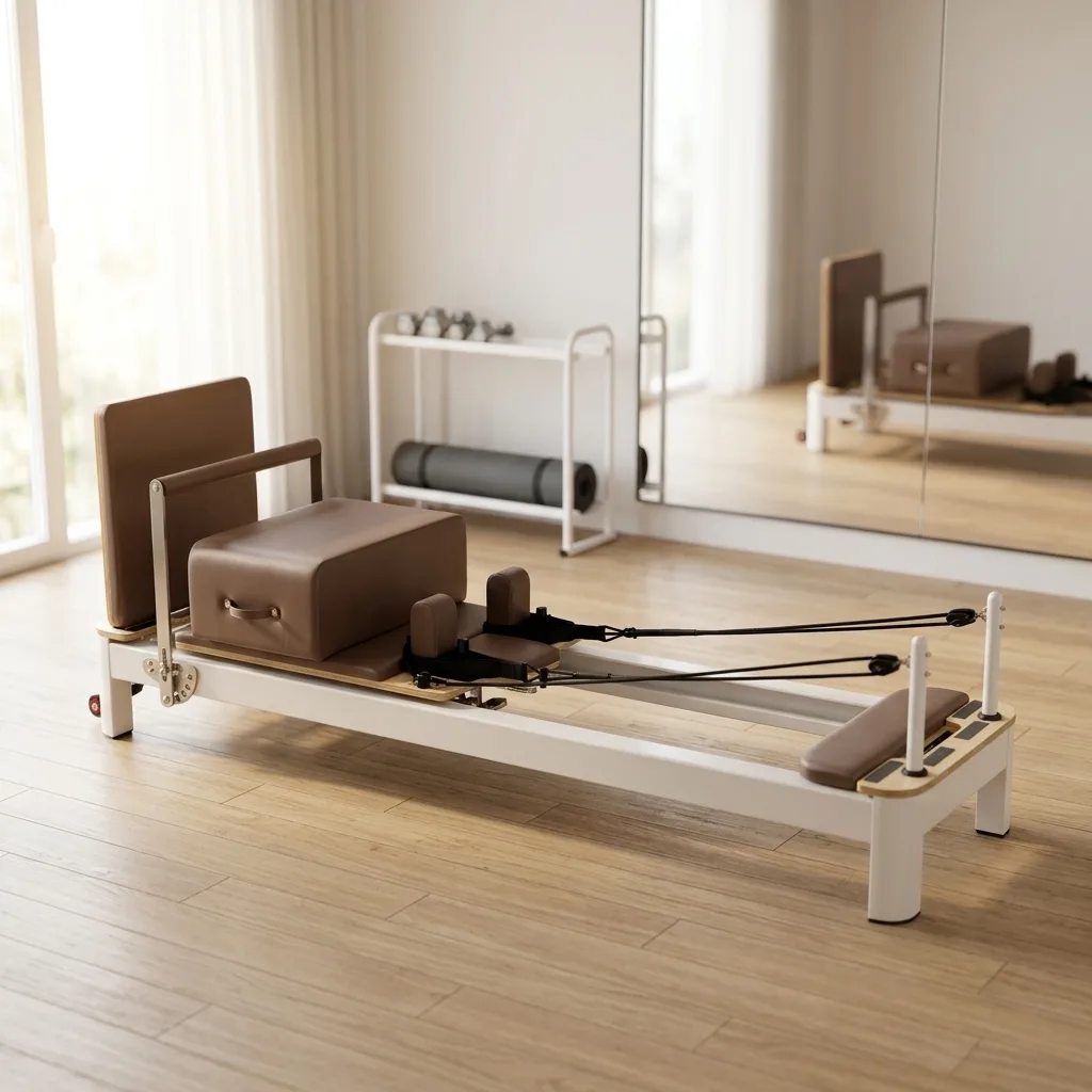vimora reformer aluminum 4th gen white 20.webp Vimora aluminum-frame white Pilates reformer, for professional studio use