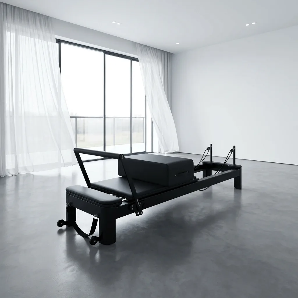 vimora reformer aluminum 4th gen white 22.webp Vimora aluminum-frame white Pilates reformer, for professional studio use