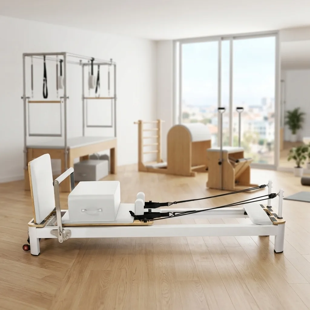 vimora reformer aluminum 4th gen white 23.webp Vimora aluminum-frame white Pilates reformer, for professional studio use