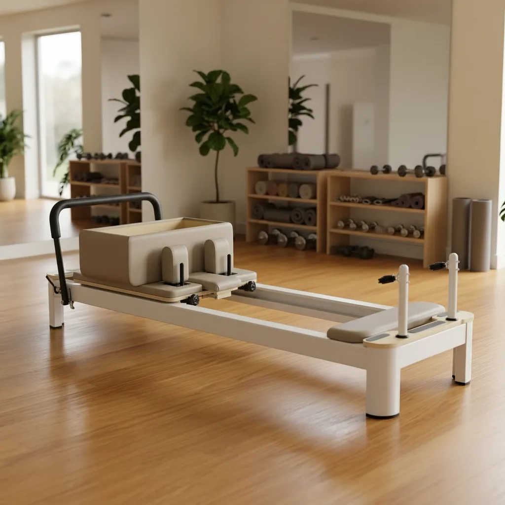 vimora reformer aluminum 4th gen white 26.webp Vimora aluminum-frame white Pilates reformer, for professional studio use