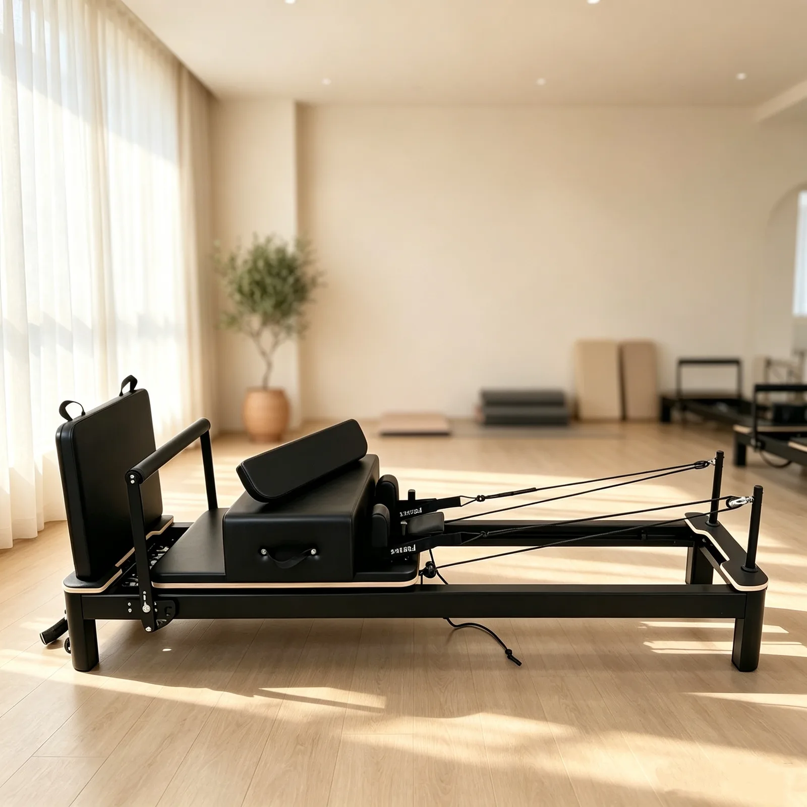 vimora reformer aluminum 4th gen white 28.webp Vimora aluminum-frame white Pilates reformer, for professional studio use