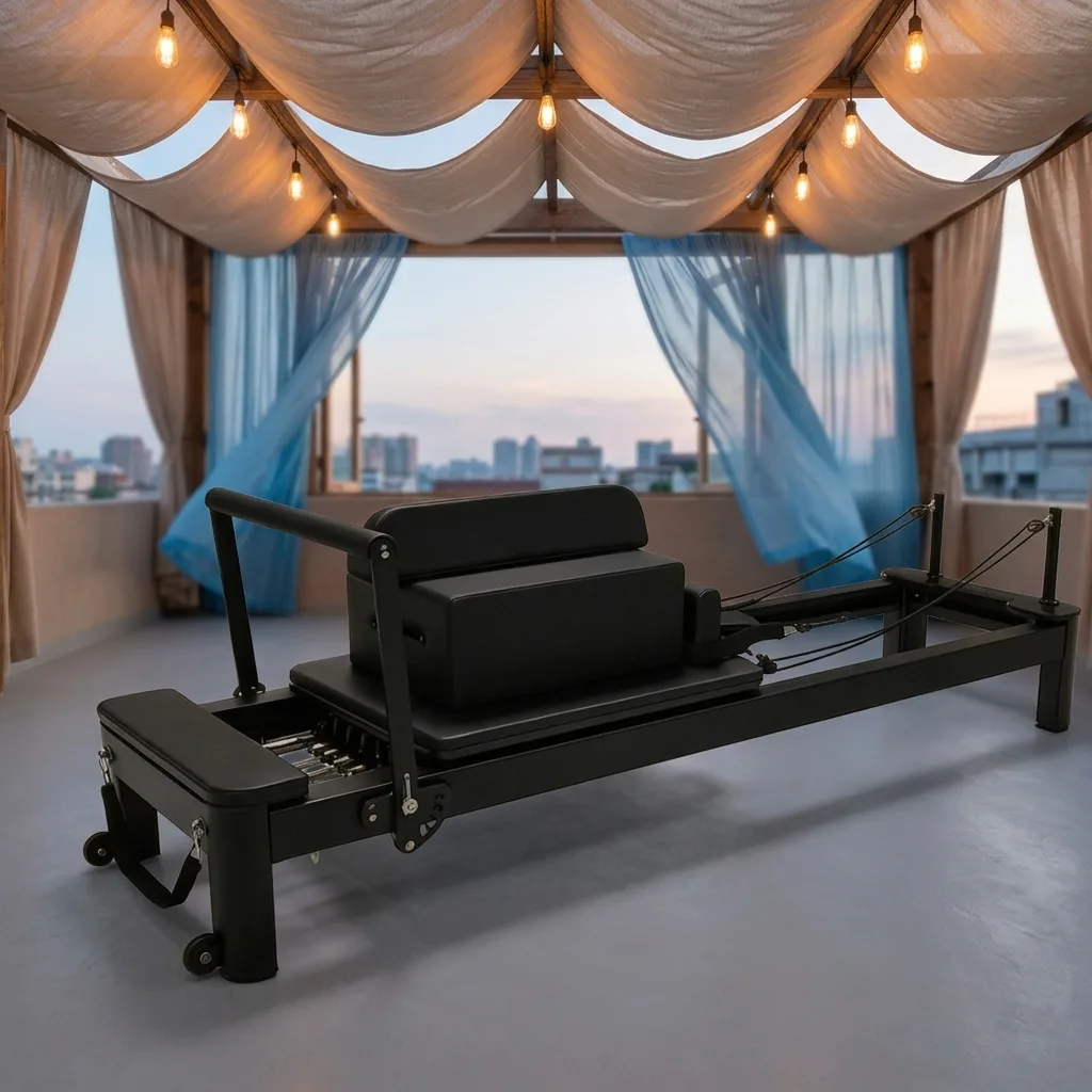 vimora reformer aluminum 4th gen white 30.webp Vimora aluminum-frame white Pilates reformer, for professional studio use
