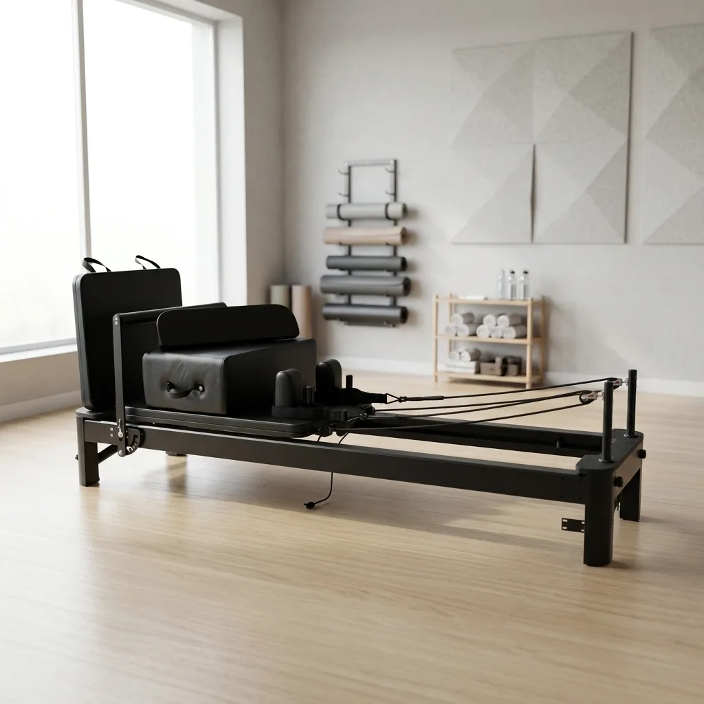 vimora reformer aluminum 4th gen white 33.webp Vimora aluminum-frame white Pilates reformer, for professional studio use