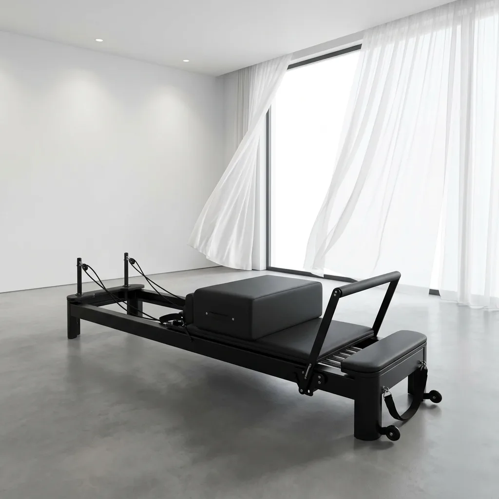 vimora reformer aluminum 4th gen white 37.webp Vimora aluminum-frame white Pilates reformer, for professional studio use