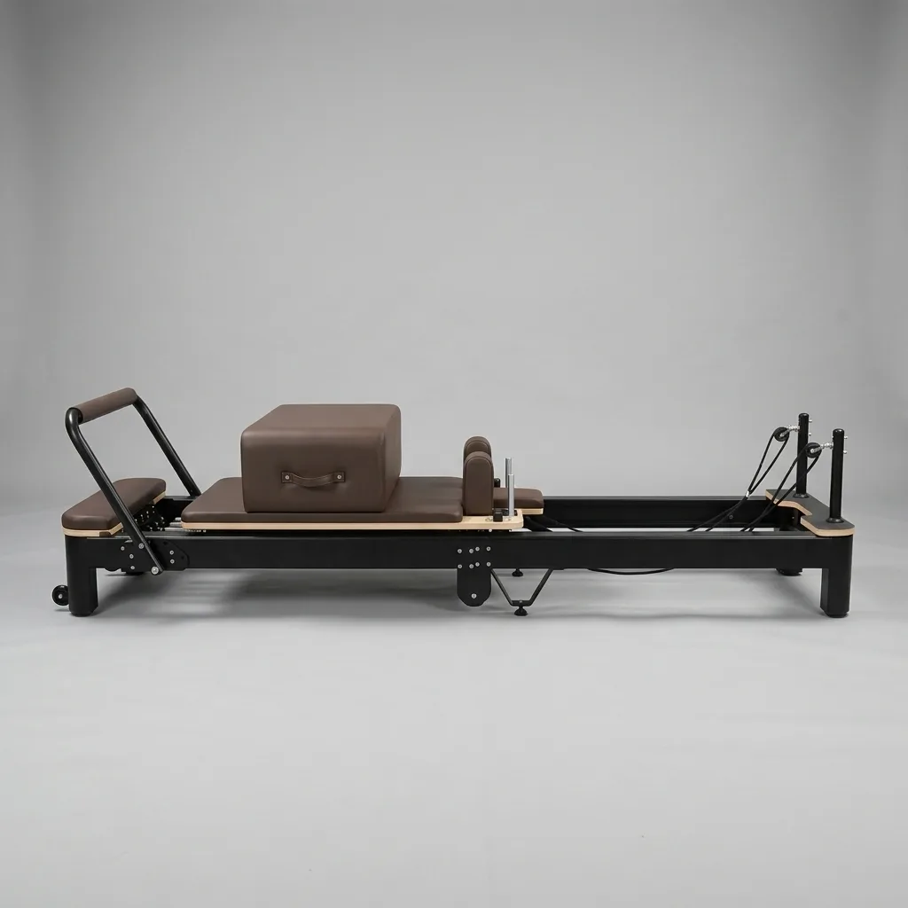 vimora reformer aluminum folding white 03.webp Vimora aluminum-frame white folding Pilates reformer, for professional studio use
