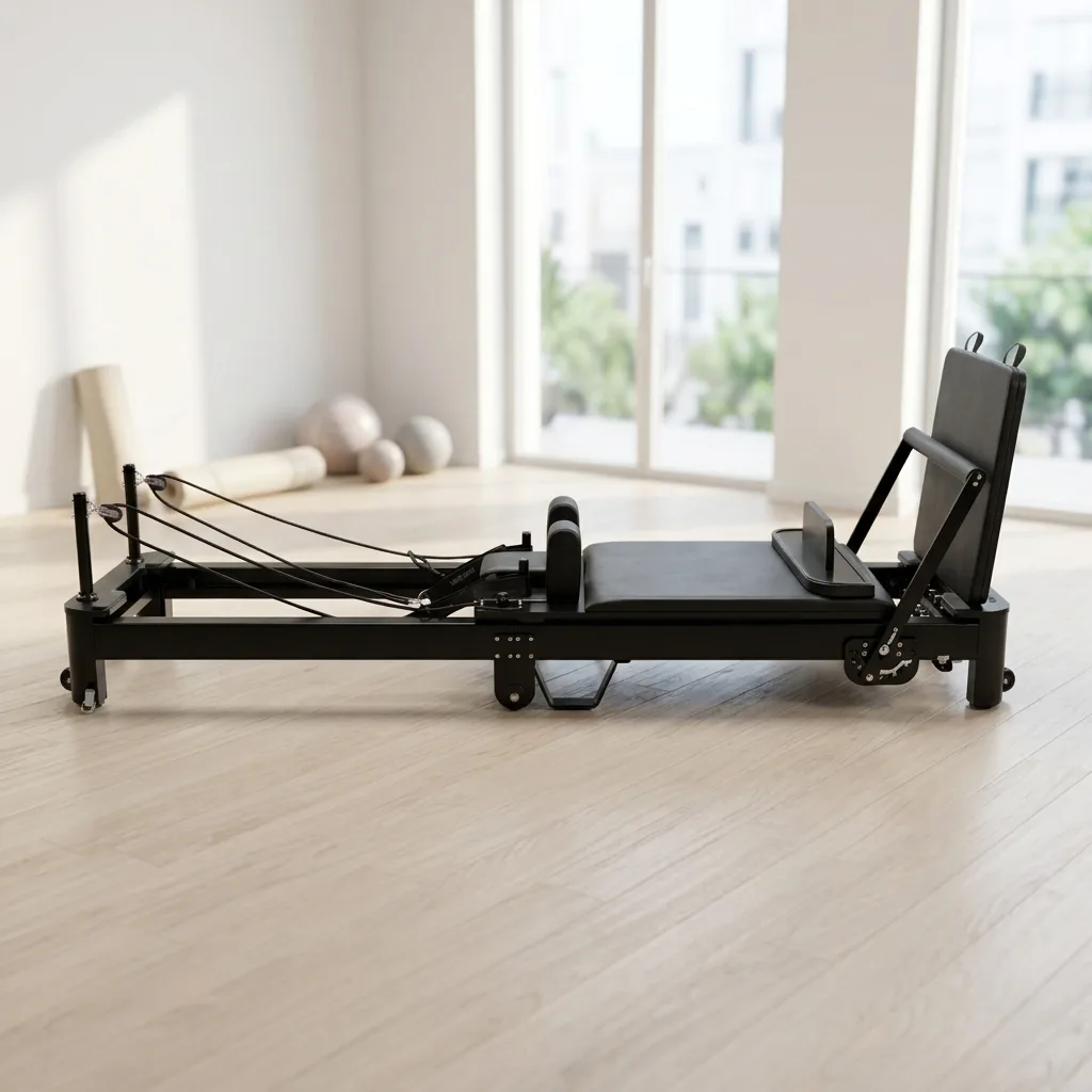 vimora reformer aluminum folding white 04.webp Vimora aluminum-frame white folding Pilates reformer, for professional studio use