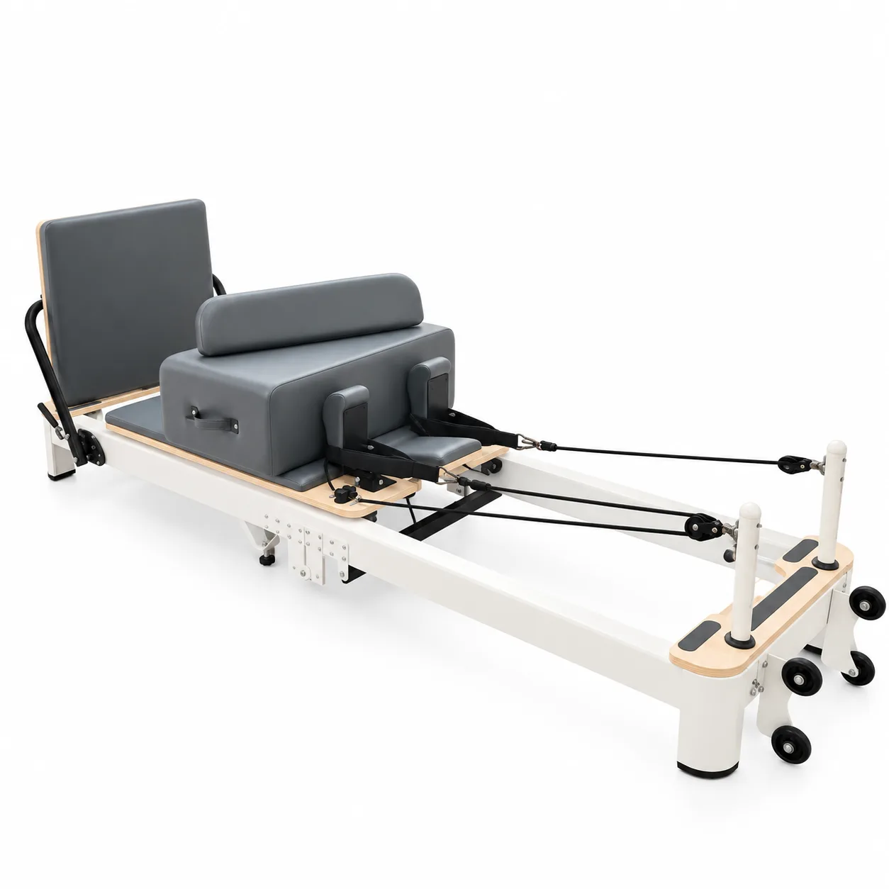 vimora reformer aluminum folding white 10.webp Vimora aluminum-frame white folding Pilates reformer, for professional studio use